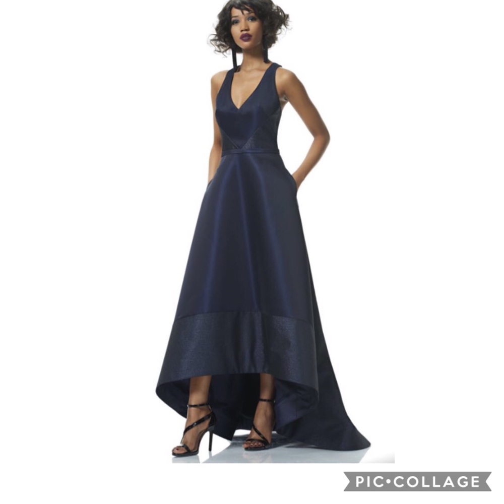 Theia NAVY BLUE high low V-Neck sleeveless evening long Gown - Picture 3 of 12